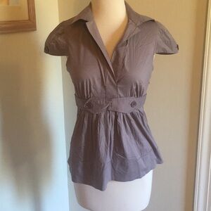 BCBGMaxAzria Short-Sleeve Collared Peplum Blouse in Taupe
